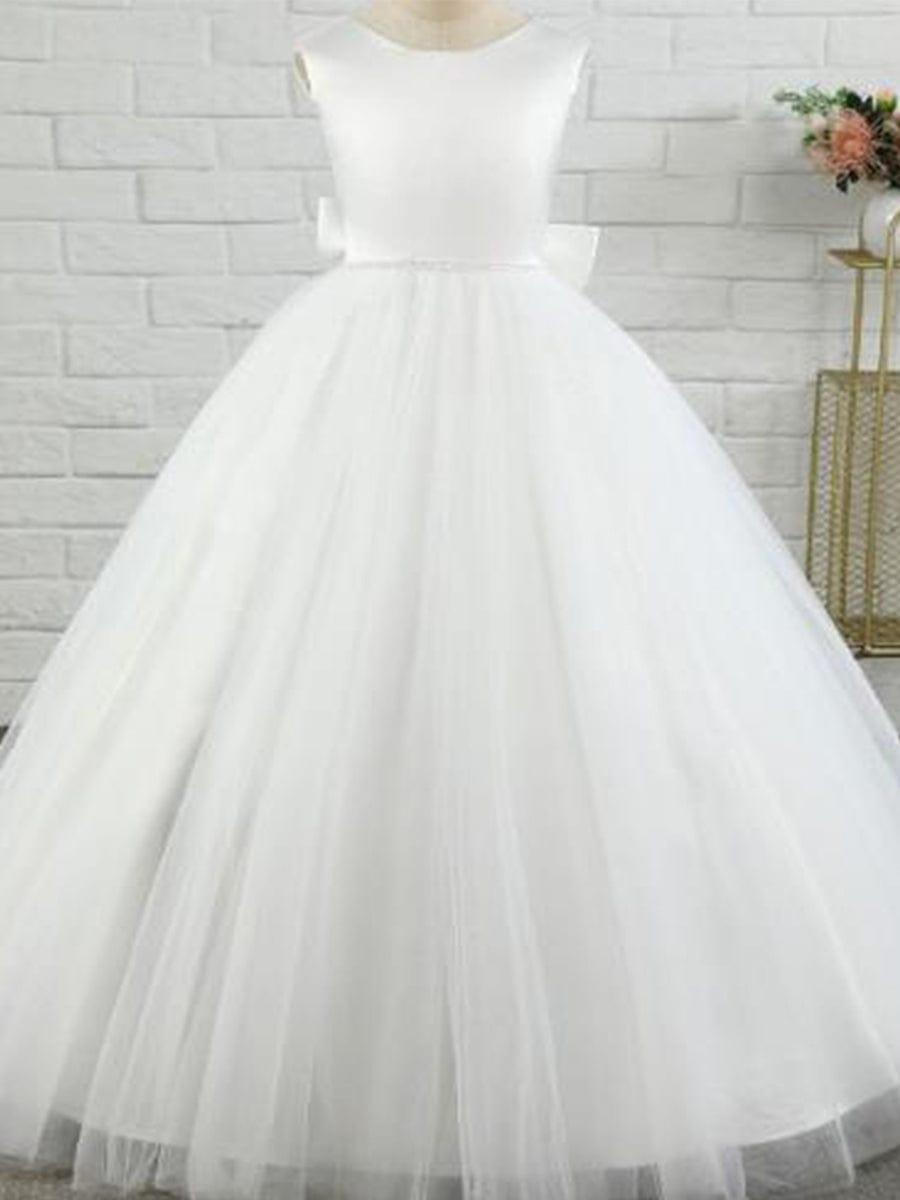 Satin Beaded Tulle Princess Flower Girl Dress With Back Bow #color_White