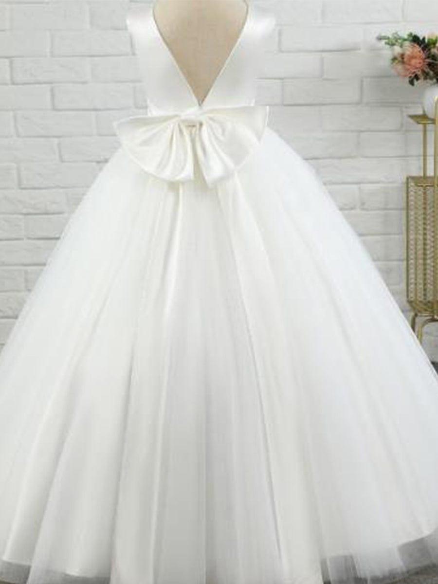 Satin Beaded Tulle Princess Flower Girl Dress With Back Bow #color_White