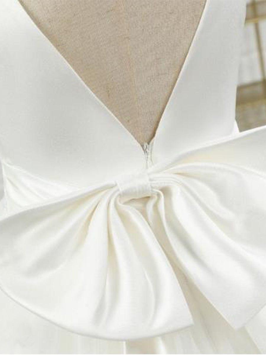 Satin Beaded Tulle Princess Flower Girl Dress With Back Bow #color_White