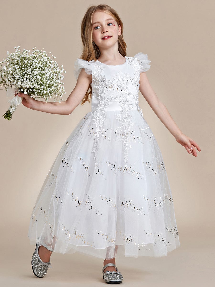Lace Applique Flutter Sleeves Sparkle Princess Flower Girl Dress