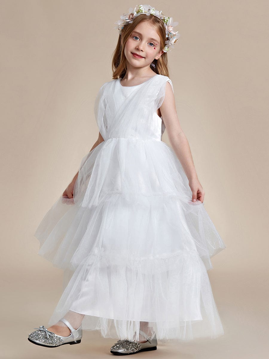 Princess Style Layered Cake Long Tulle Flower Girls Dress #color_White