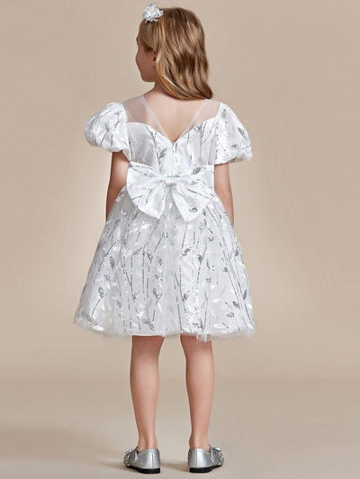 Sparkling Puffy Sleeves Leaf Sequin A-line Flower Girl Dress  #color_White