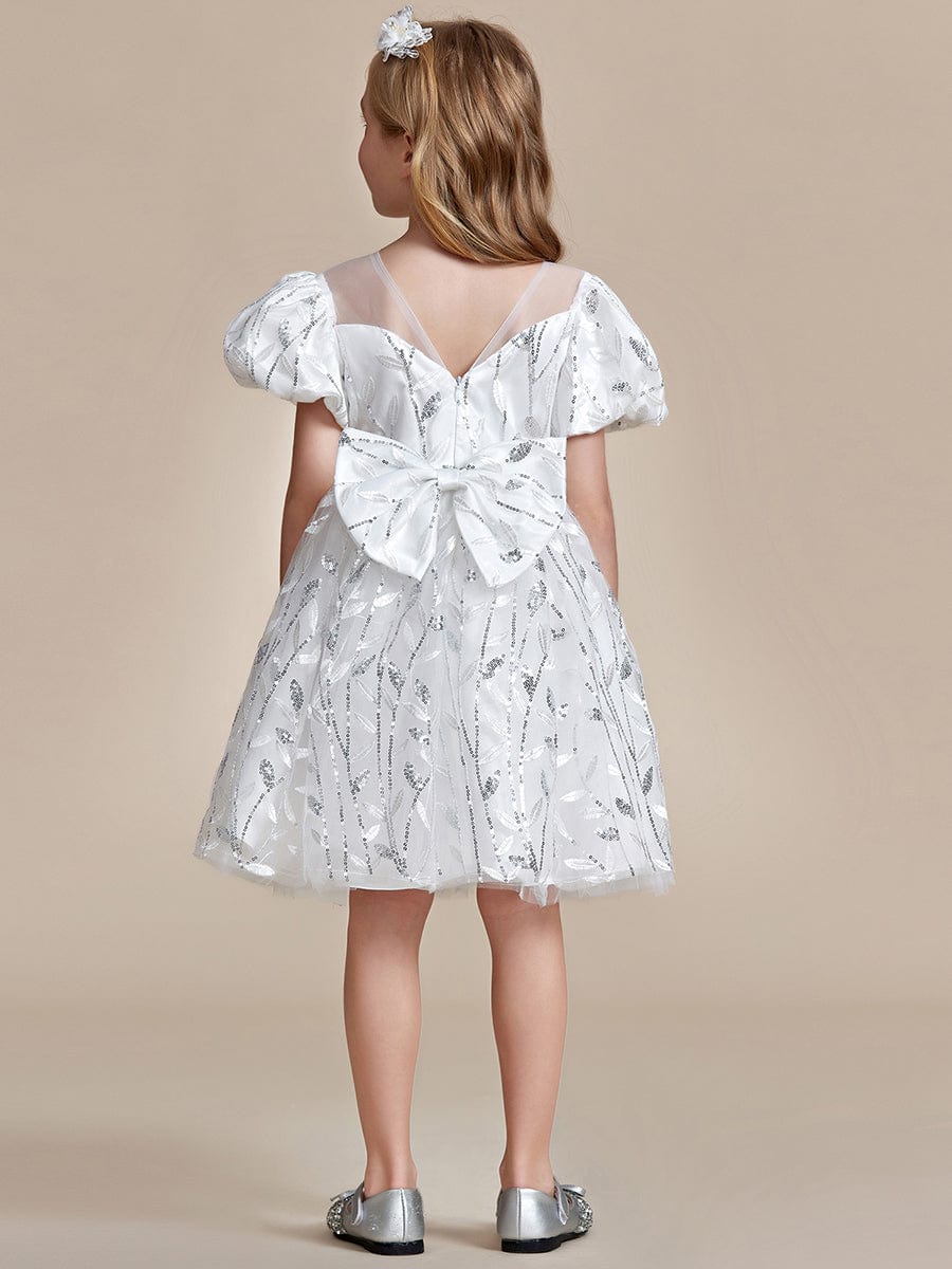 Sparkling Puffy Sleeves Leaf Sequin A-line Flower Girl Dress