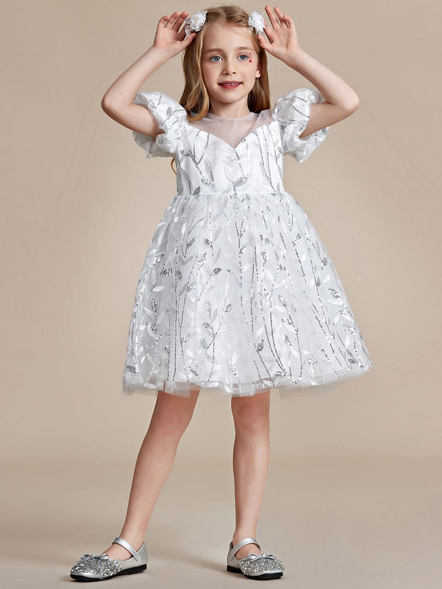 Sparkling Puffy Sleeves Leaf Sequin A-line Flower Girl Dress  #color_White