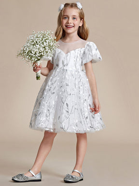 Sparkling Puffy Sleeves Leaf Sequin A-line Flower Girl Dress