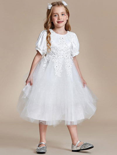 Satin Floral Applique Puff Sleeves Tulle Flower Girl Dress #color_White