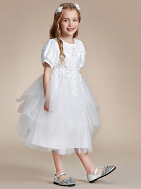 Satin Floral Applique Puff Sleeves Tulle Flower Girl Dress