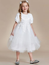 Satin Floral Applique Puff Sleeves Tulle Flower Girl Dress #color_White