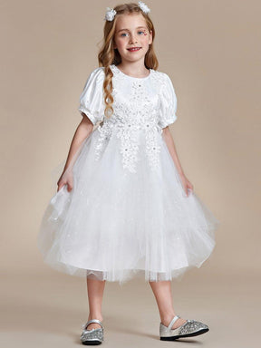 Satin Floral Applique Puff Sleeves Tulle Flower Girl Dress