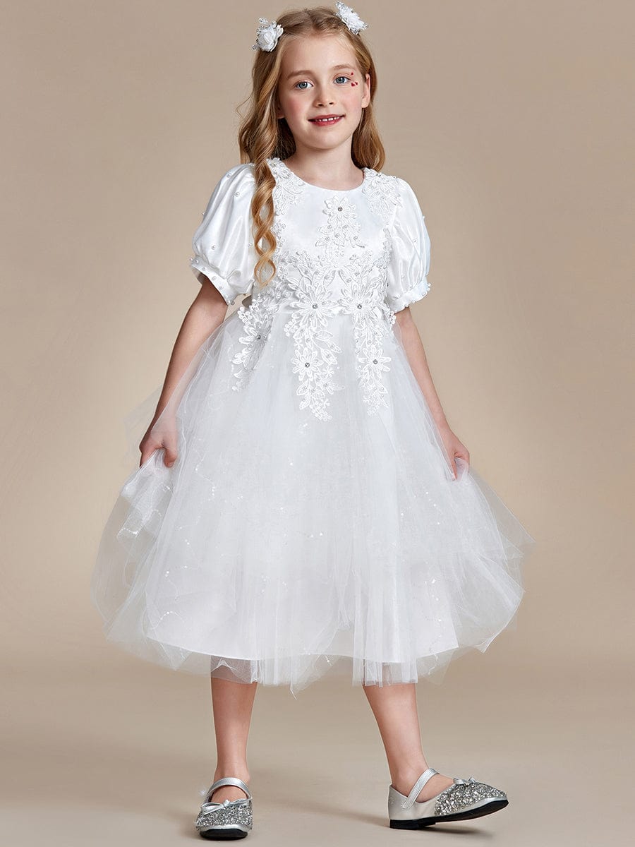 Satin Floral Applique Puff Sleeves Tulle Flower Girl Dress #color_White