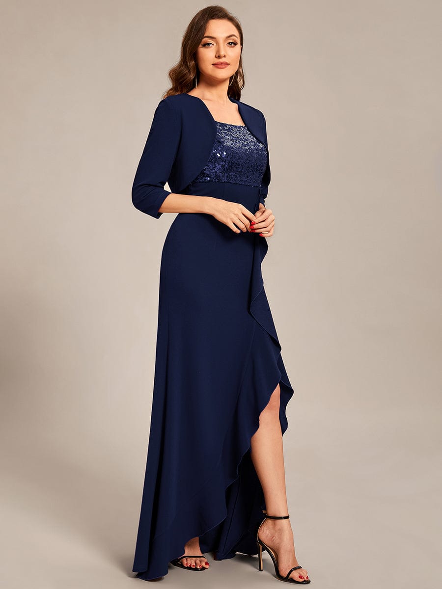 Custom Size Sequin Ruffle Front Slit Mother Dresses With Jacket #color_Navy Blue