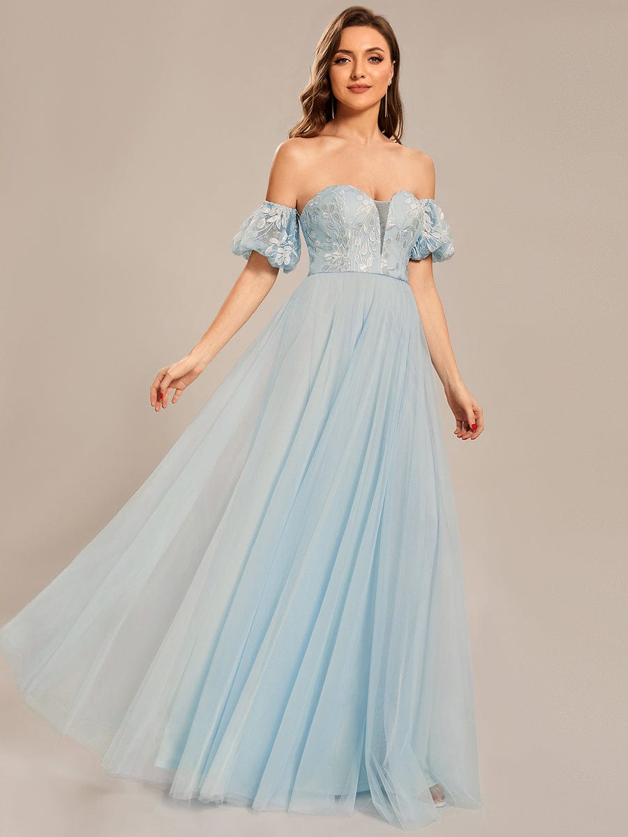 Custom Size Puffy Sleeve Sweetheart Princess Style Tulle Prom Dress #color_Sky Blue
