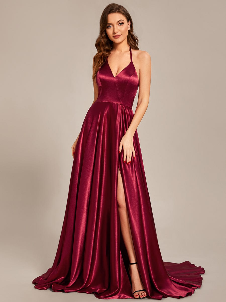 Custom Size Halter Neck High Front Slit Floor Length Prom Dress #color_Burgundy