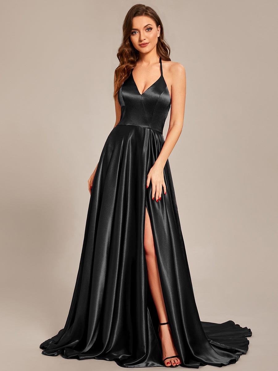 Custom Size Halter Neck High Front Slit Floor Length Prom Dress #color_Black