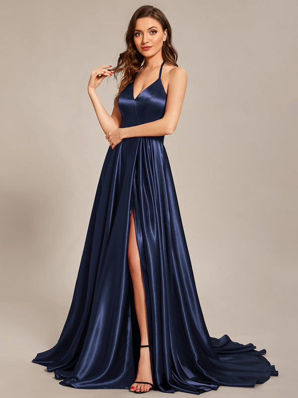Custom Size Halter Neck Long High Slit Satin Prom Dress - Ever-Pretty US