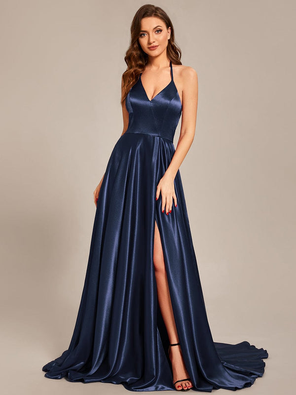 Custom Size Halter Neck Long High Slit Satin Prom Dress - Ever-Pretty US