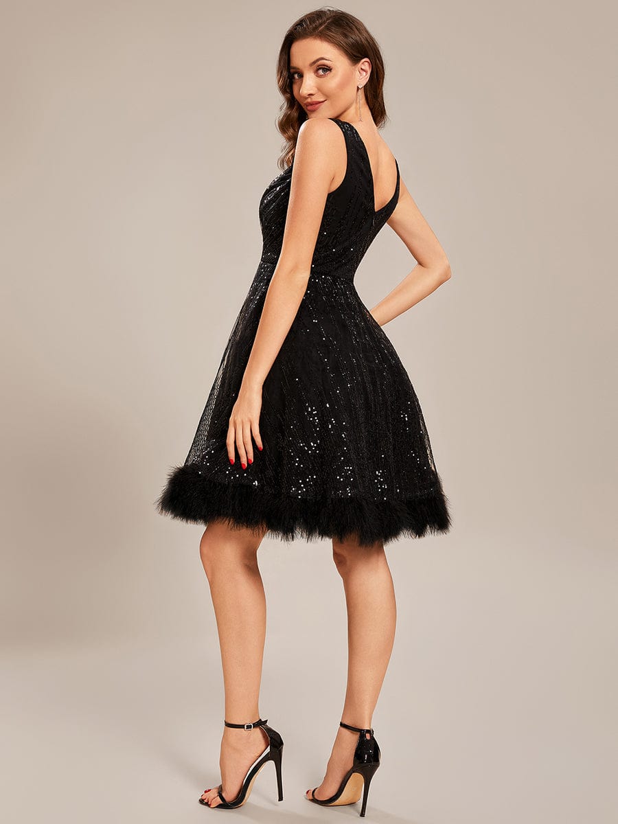 Custom Size V-neck Sequin Feather Short Prom Dress #color_Black