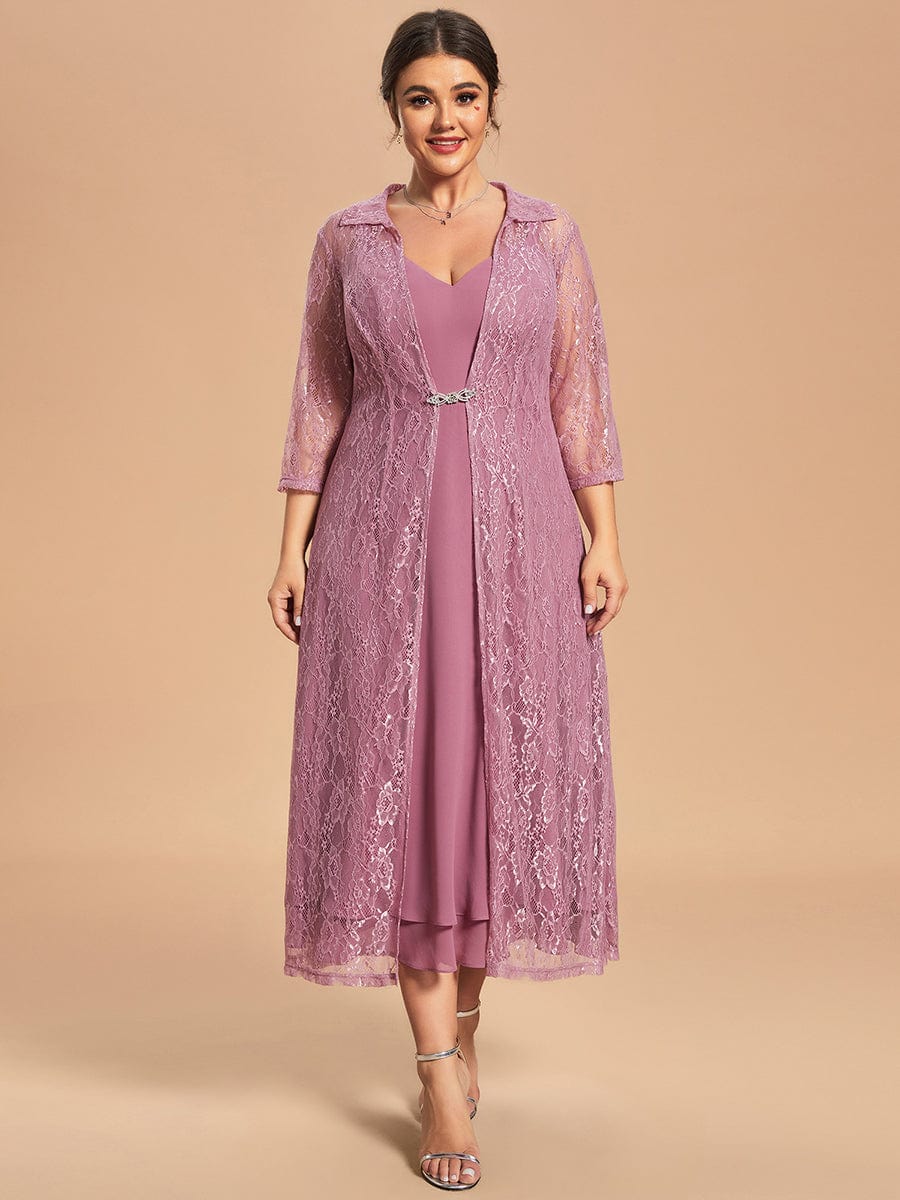 Custom Size Two-Piece Set Chiffon Sleeveless Long Sleeve Lace Mother of the Bride Dress #color_Purple Orchid