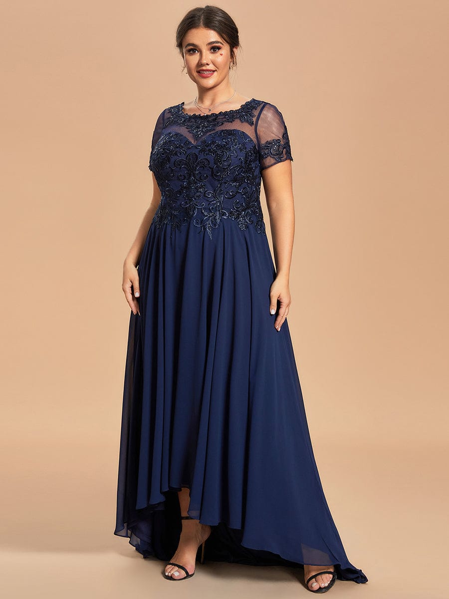 Custom Size Exquisite Embroidery Illusion Top A-Line Chiffon Mother of the Bride Dress  #color_Navy Blue