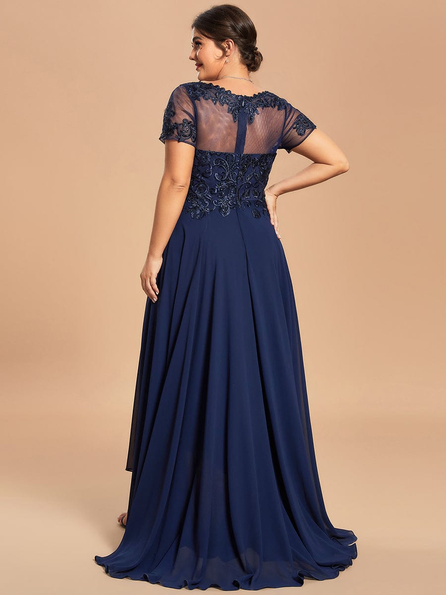 Custom Size Exquisite Embroidery Illusion Top A-Line Chiffon Mother of the Bride Dress  #color_Navy Blue