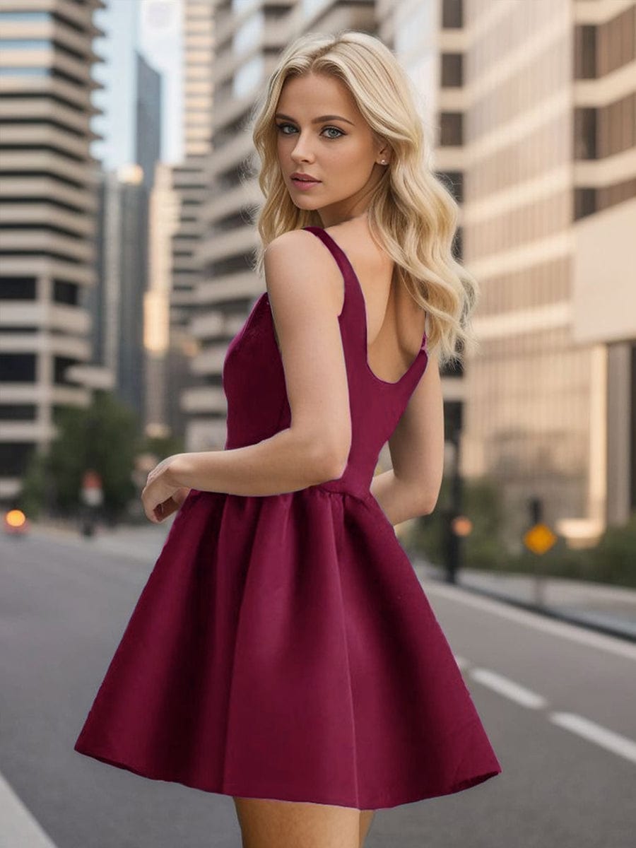 Chic Square Neck Open Back A-line Satin Homecoming Dress #color_Burgundy