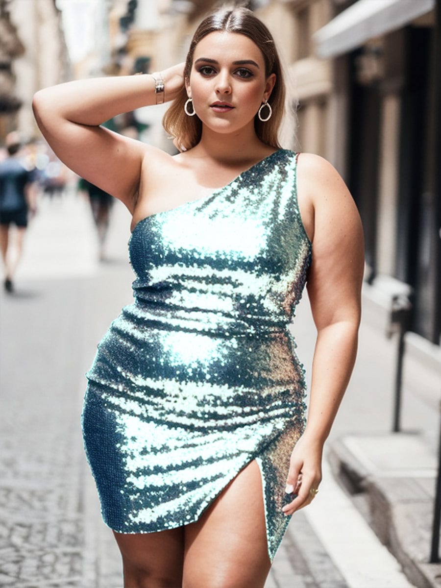 Plus Size Shiny One Shoulder Sequin Bodycon Sleeveless Homecoming Dress #color_Dusty Blue