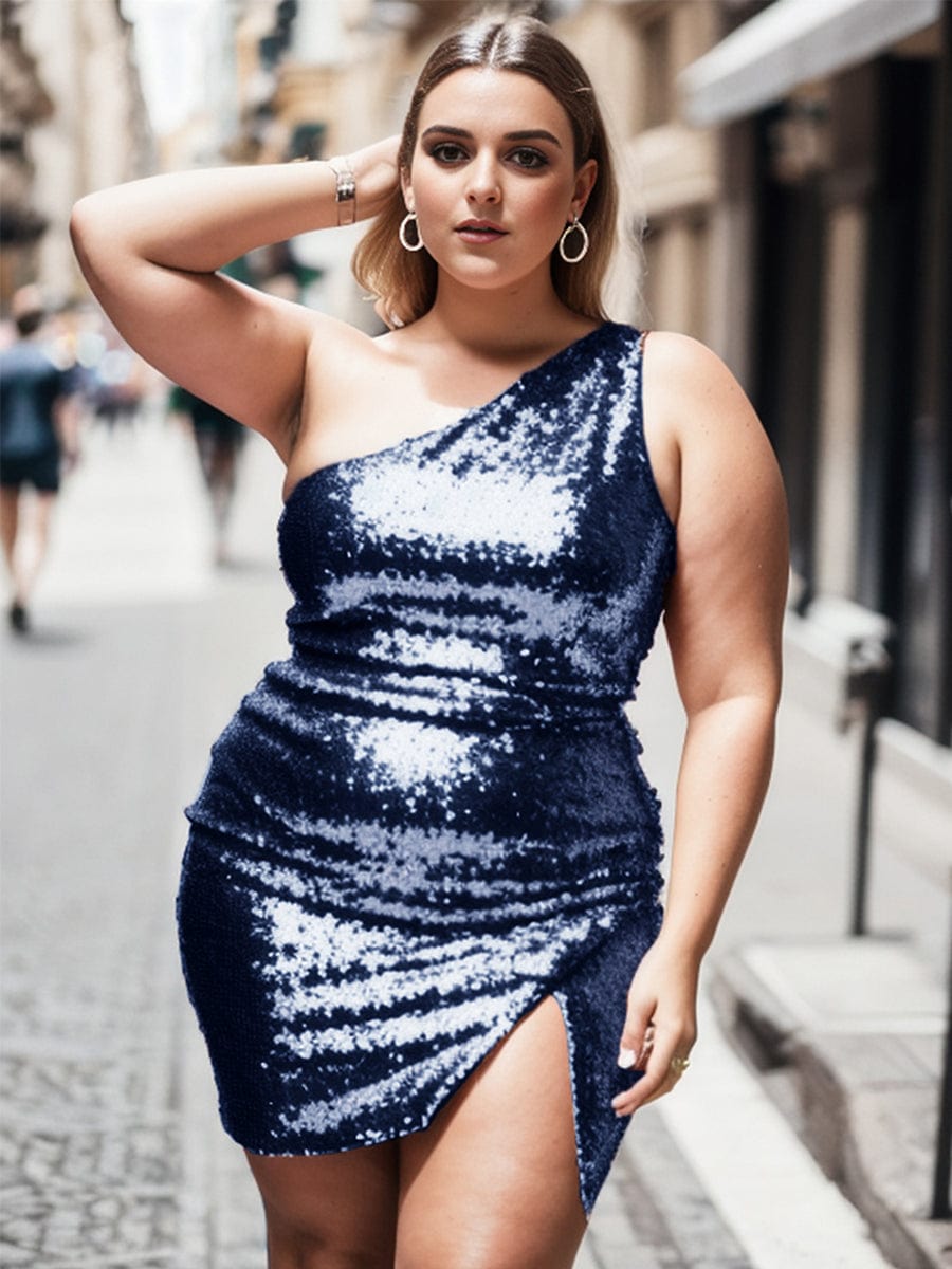 Plus Size Sequin Bodycon One Shoulder Homecoming Dress with Slit - Ever ...