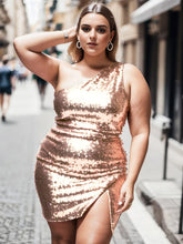 Plus Size Shiny One Shoulder Sequin Bodycon Sleeveless Homecoming Dress #color_Rose Gold