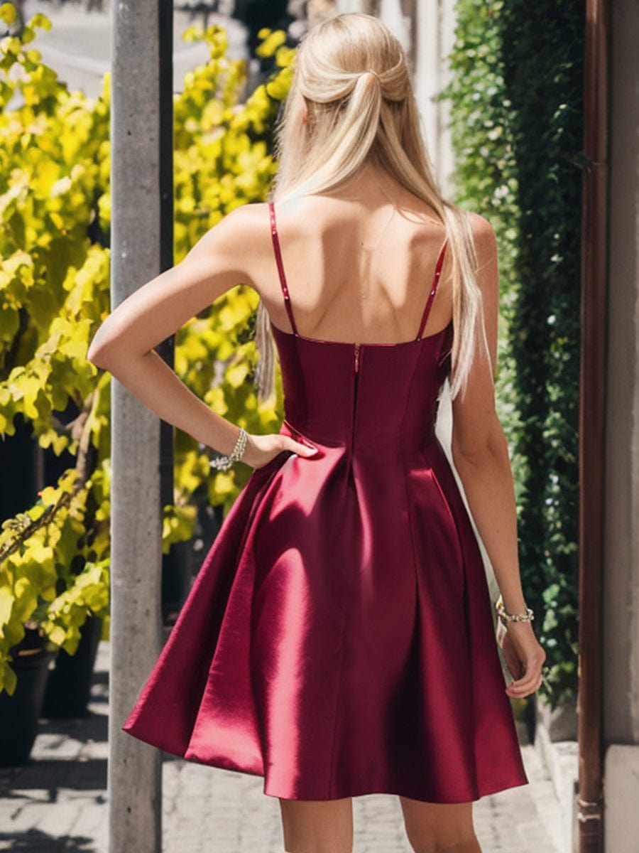 Satin Spaghetti Strap A-Line Backless Short Homecoming Dress #color_Burgundy