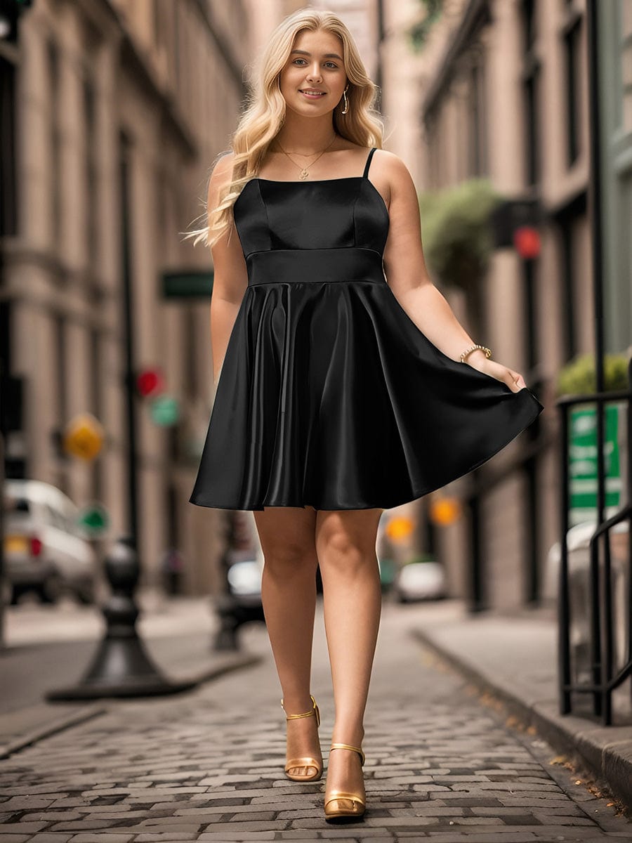 Plus Size Satin Spaghetti Strap Backless A-Line Short Homecoming Dress #color_Black
