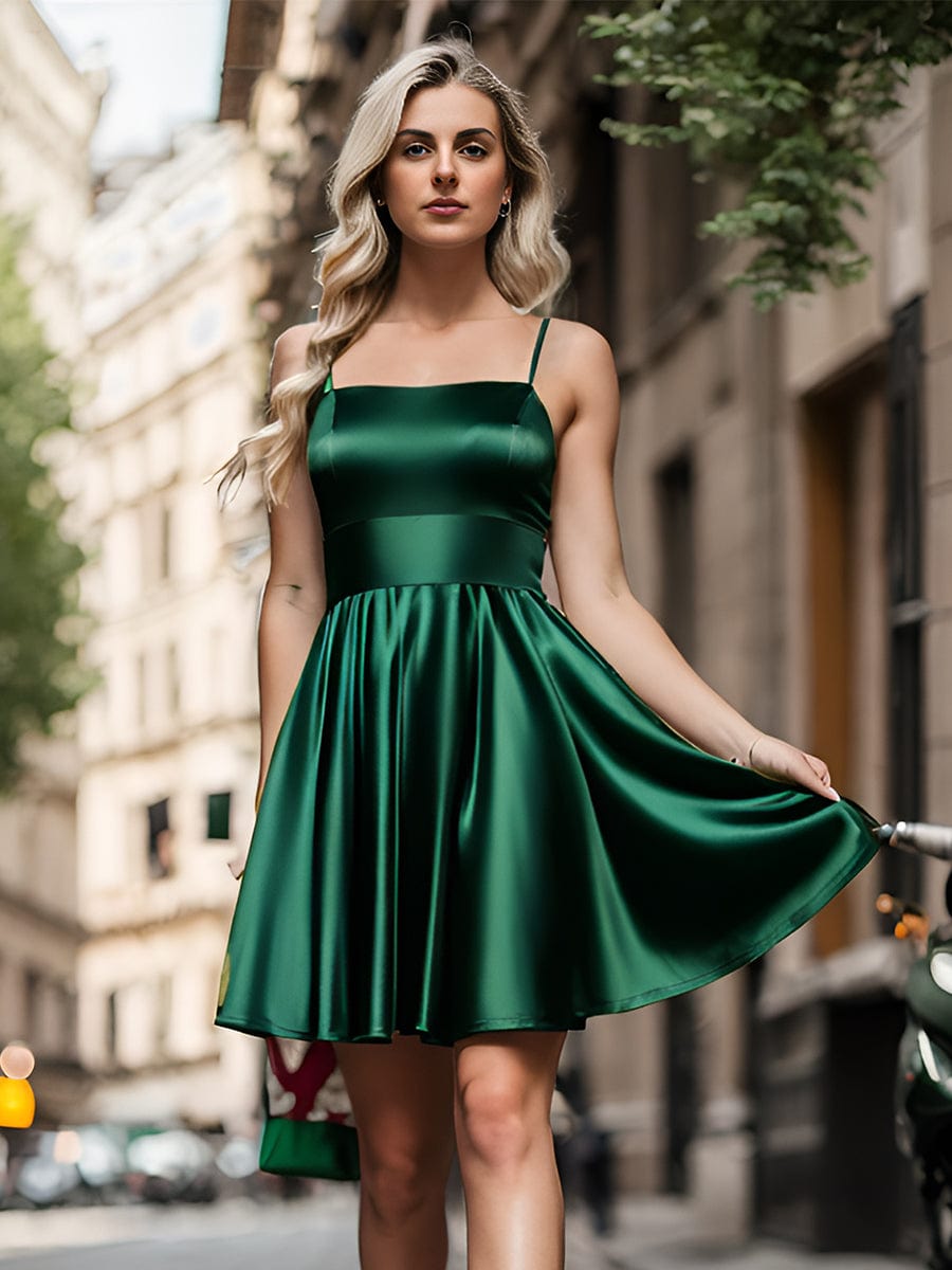 Satin Spaghetti Strap A-Line Backless Short Homecoming Dress #color_Dark Green