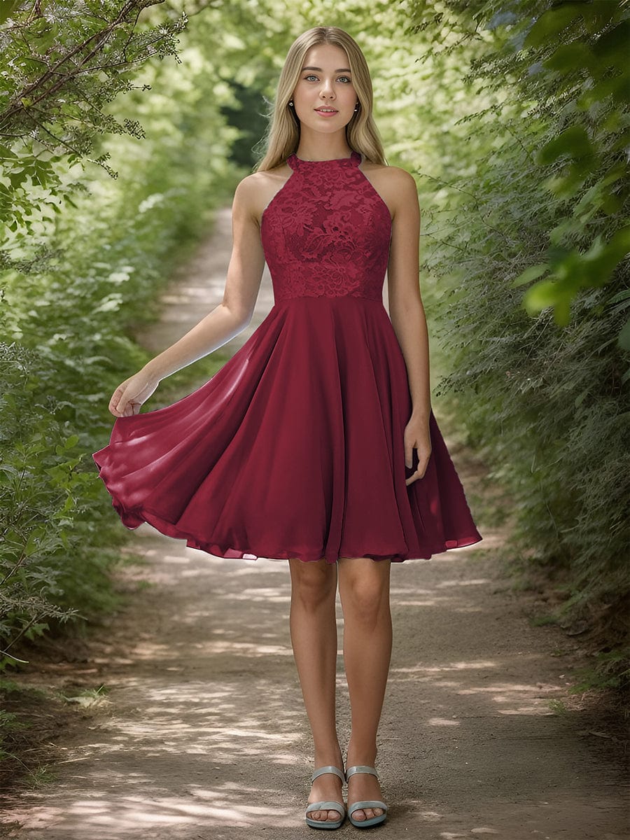 Short Lace Halter Neck Backless Chiffon Homecoming Dress #color_Burgundy