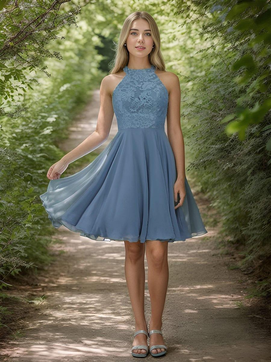 Short Lace Halter Neck Backless Chiffon Homecoming Dress #color_Dusty Blue