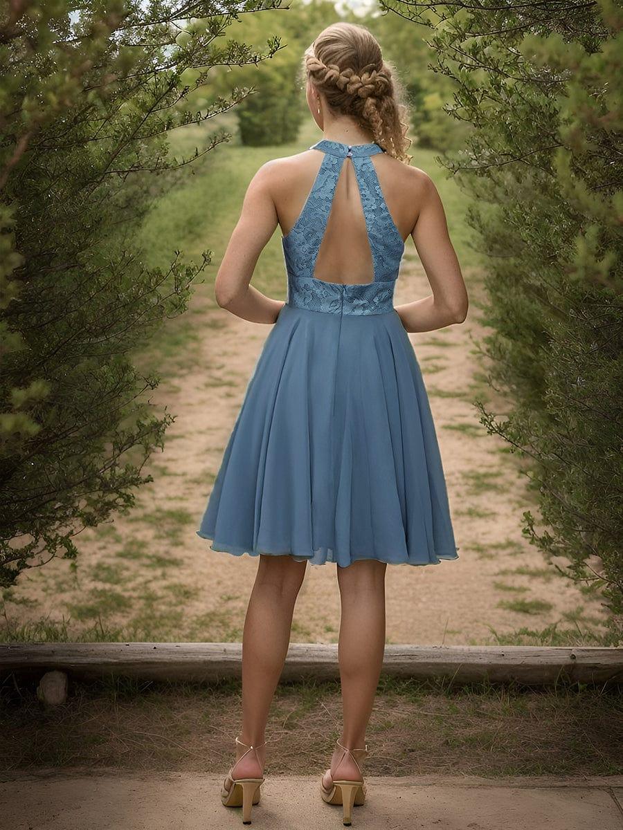 Short Lace Halter Neck Backless Chiffon Homecoming Dress #color_Dusty Blue