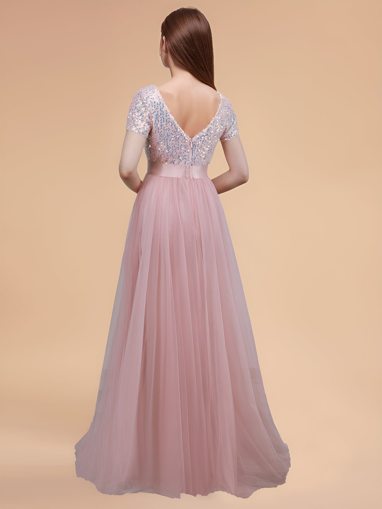 Custom Size Sequin V-neck A-line Ribbon Waist Tulle Prom Dress  #color_Pink