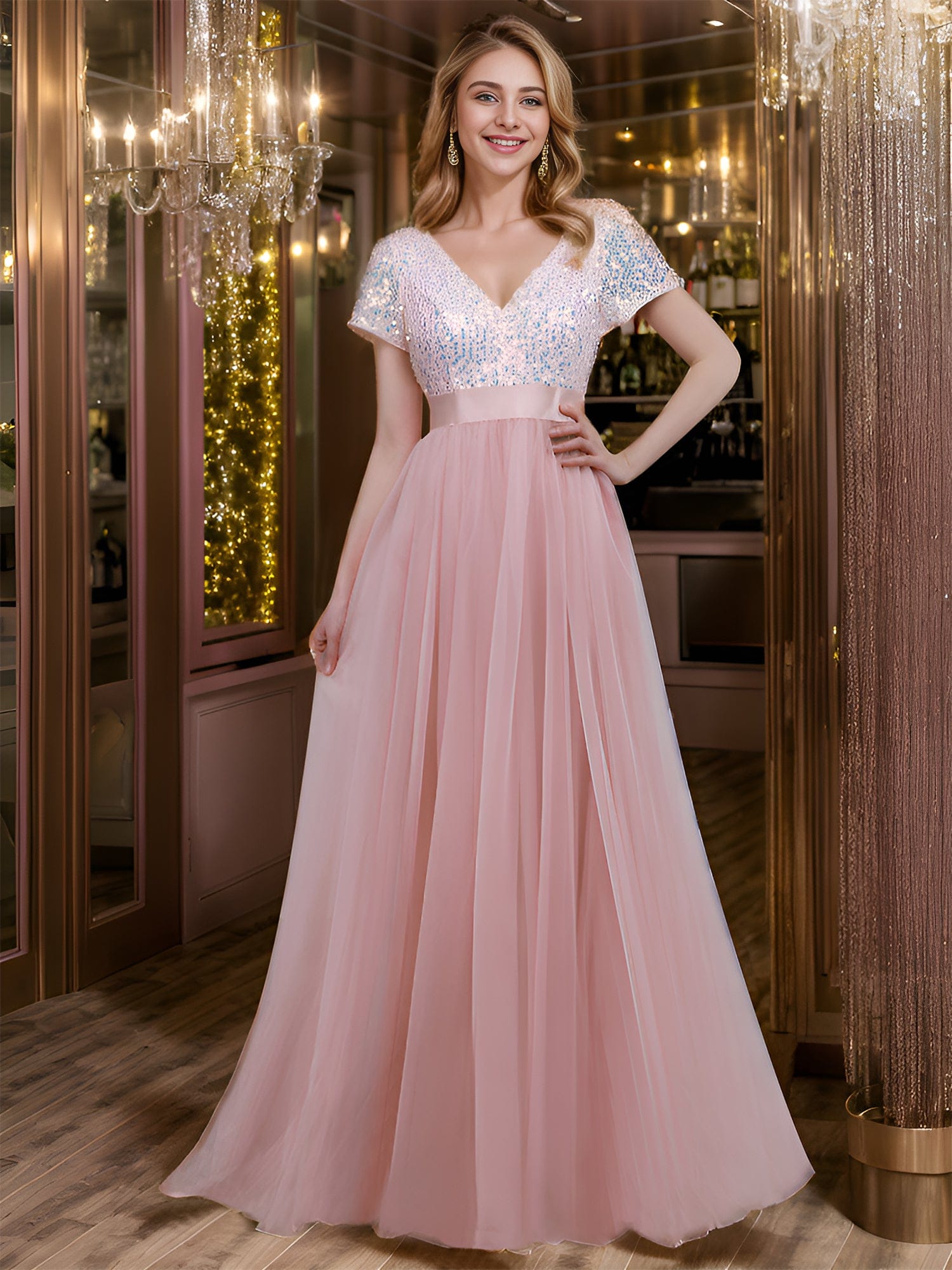 Custom Size Sequin V-neck A-line Ribbon Waist Tulle Prom Dress  #color_Pink
