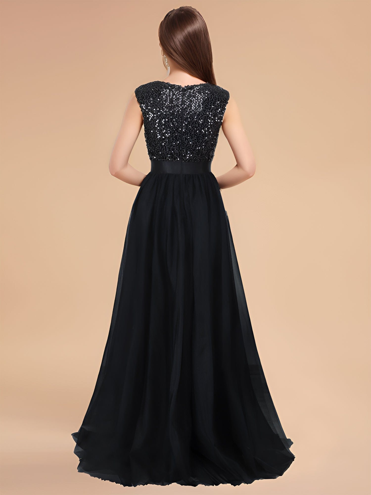 Custom Sized Elegant A-line Sleeveless Deep V-neck Sequin Tulle Prom Dress with Ribbon Waist #color_Black