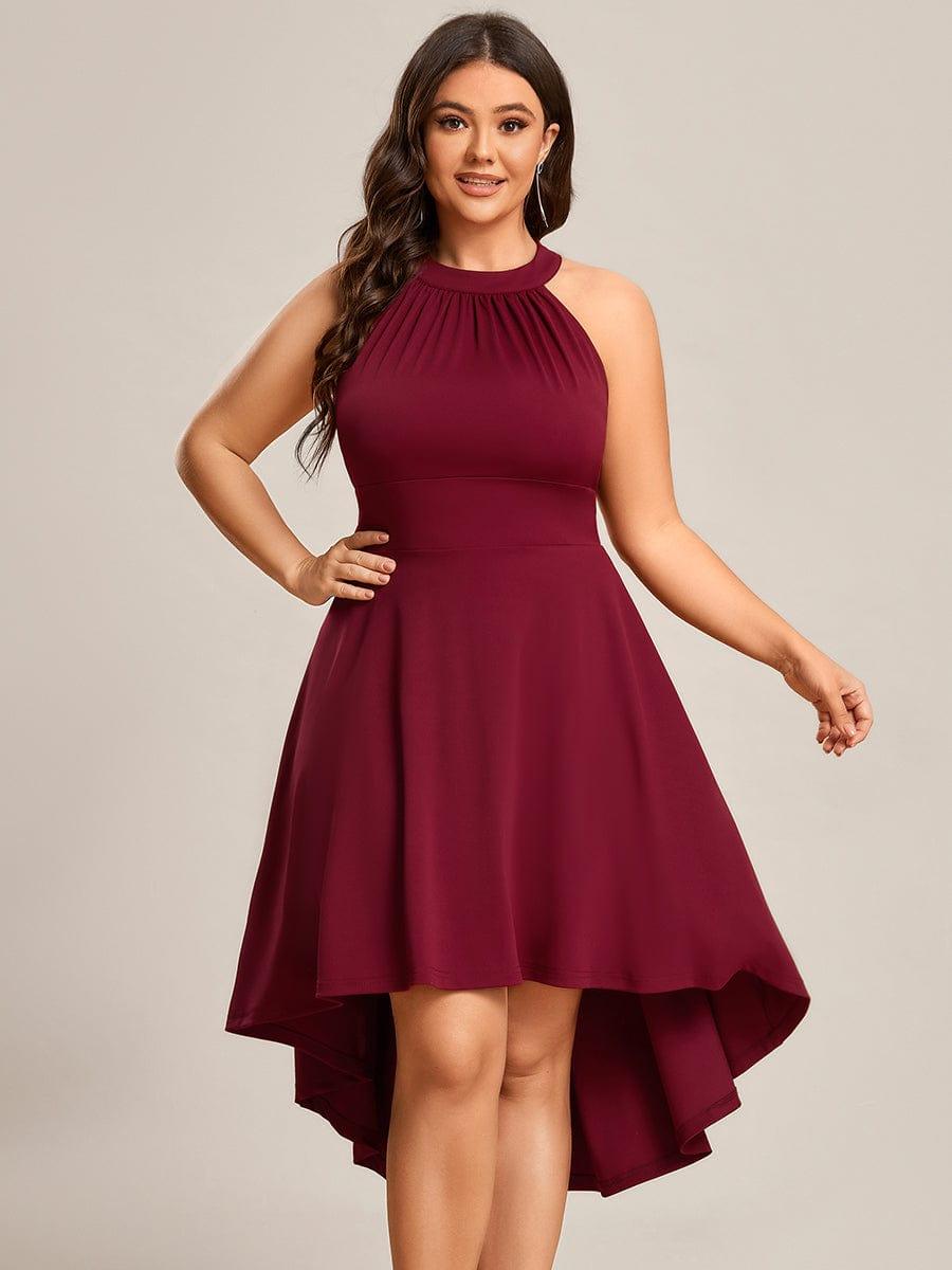 Halterneck Fashion Knee-Length A-Line Wedding Guest Dress #color_Burgundy