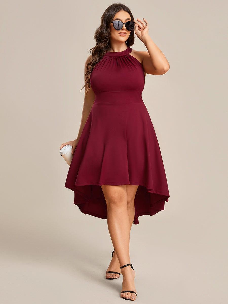 Halterneck Fashion Knee-Length A-Line Wedding Guest Dress #color_Burgundy