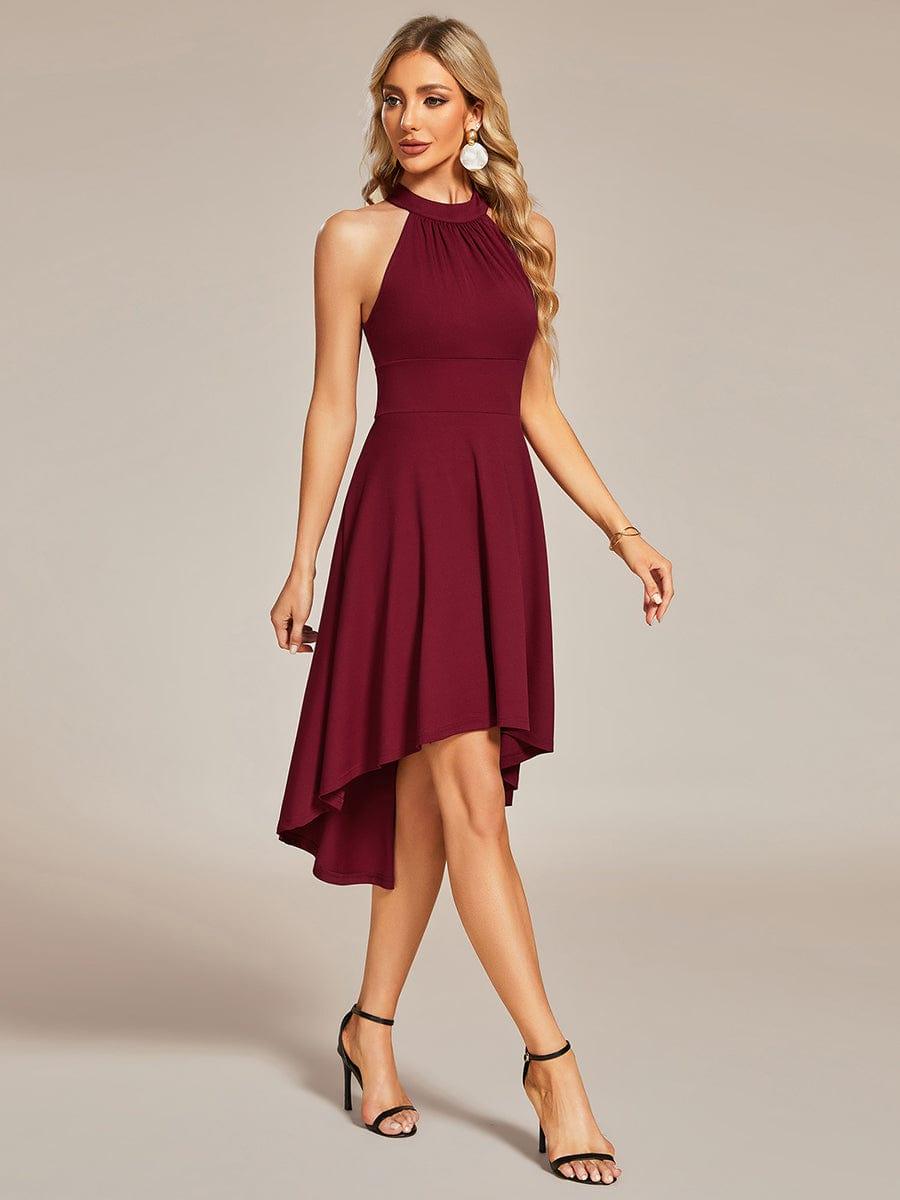 Halterneck Fashion Knee-Length A-Line Wedding Guest Dress #color_Burgundy