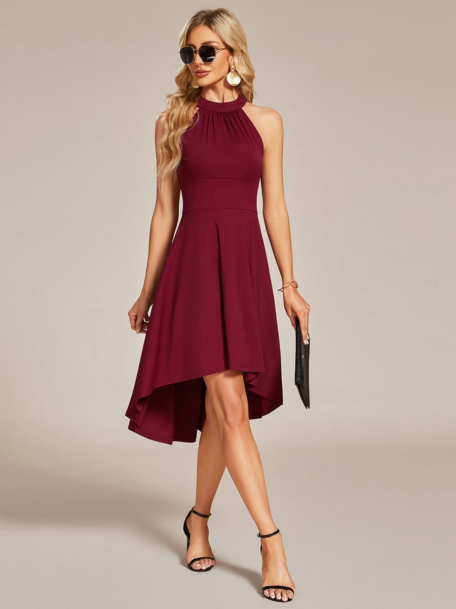 Halterneck Fashion Knee-Length A-Line Wedding Guest Dress #color_Burgundy
