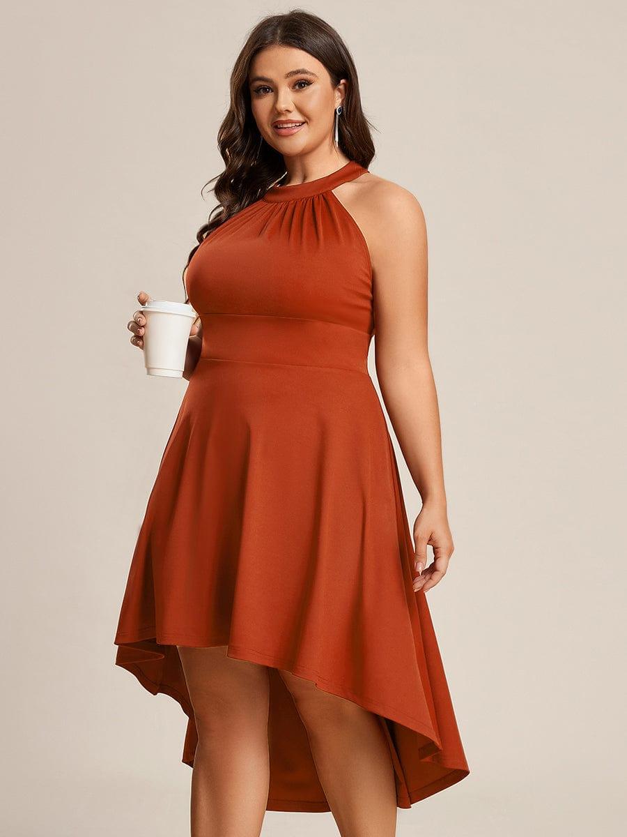 Halterneck Fashion Knee-Length A-Line Wedding Guest Dress #color_Burnt Orange
