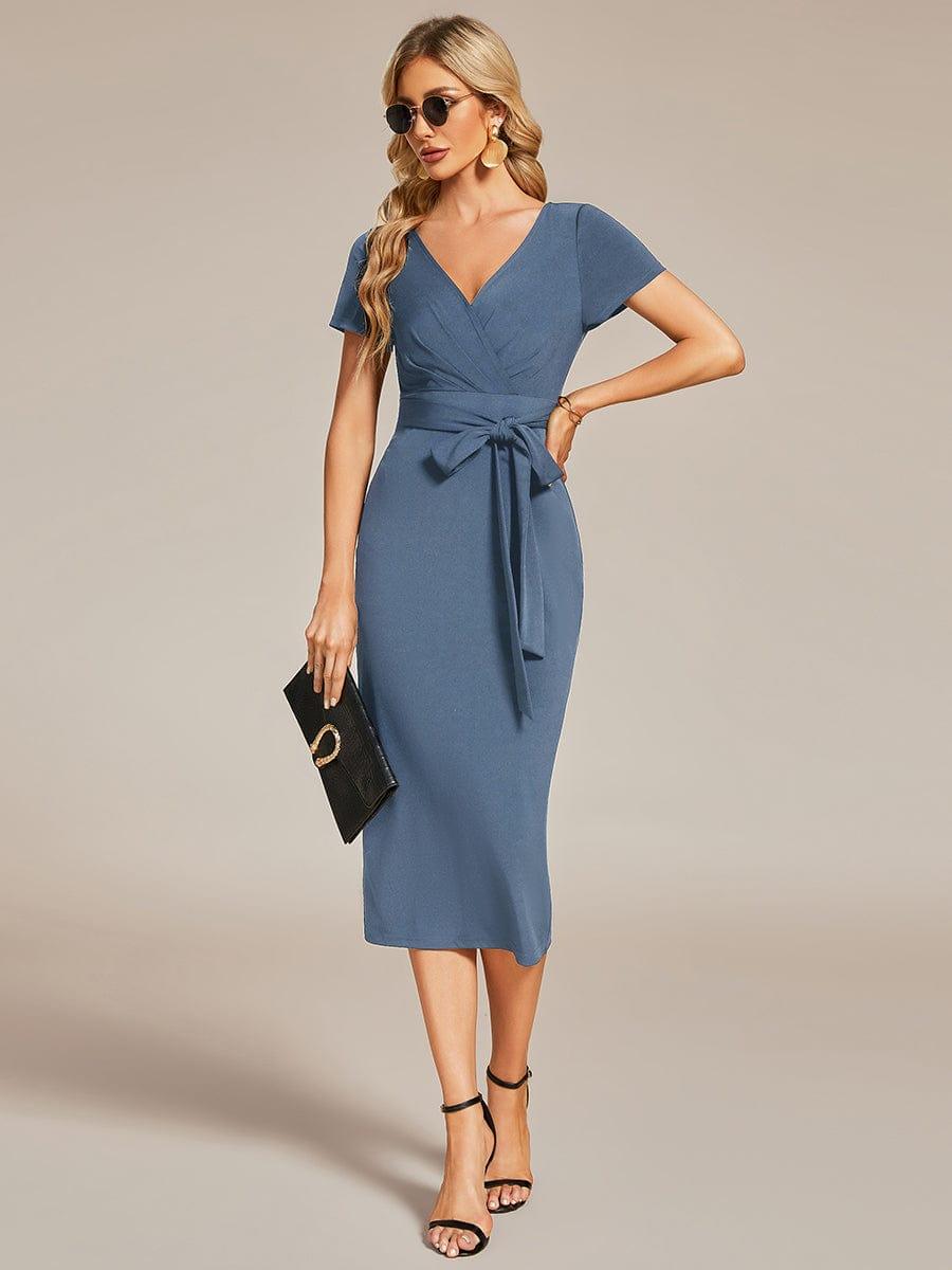 Short Sleeves V-Neck Tie-Waist Sheath Wedding Guest Dress #color_Dusty Navy