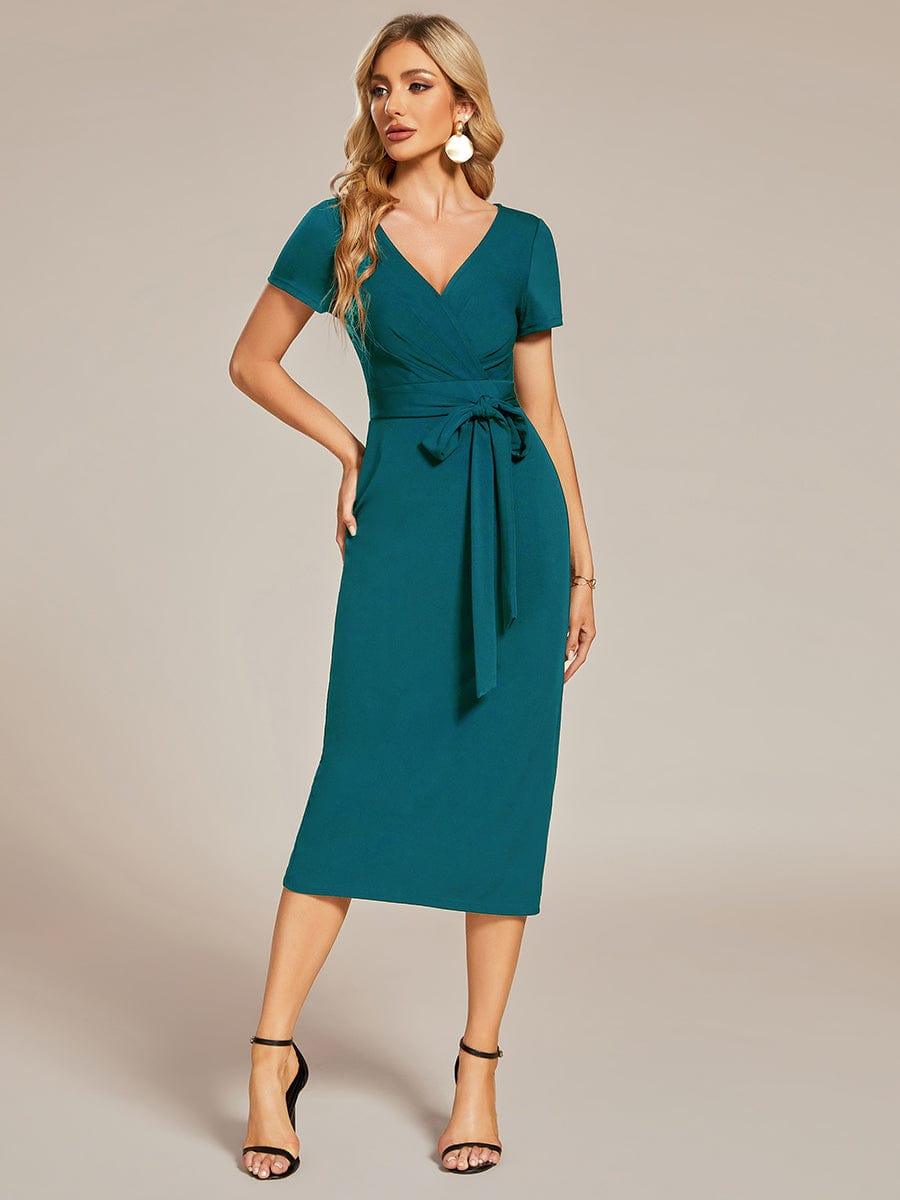 Short Sleeves V-Neck Tie-Waist Sheath Wedding Guest Dress #color_Teal