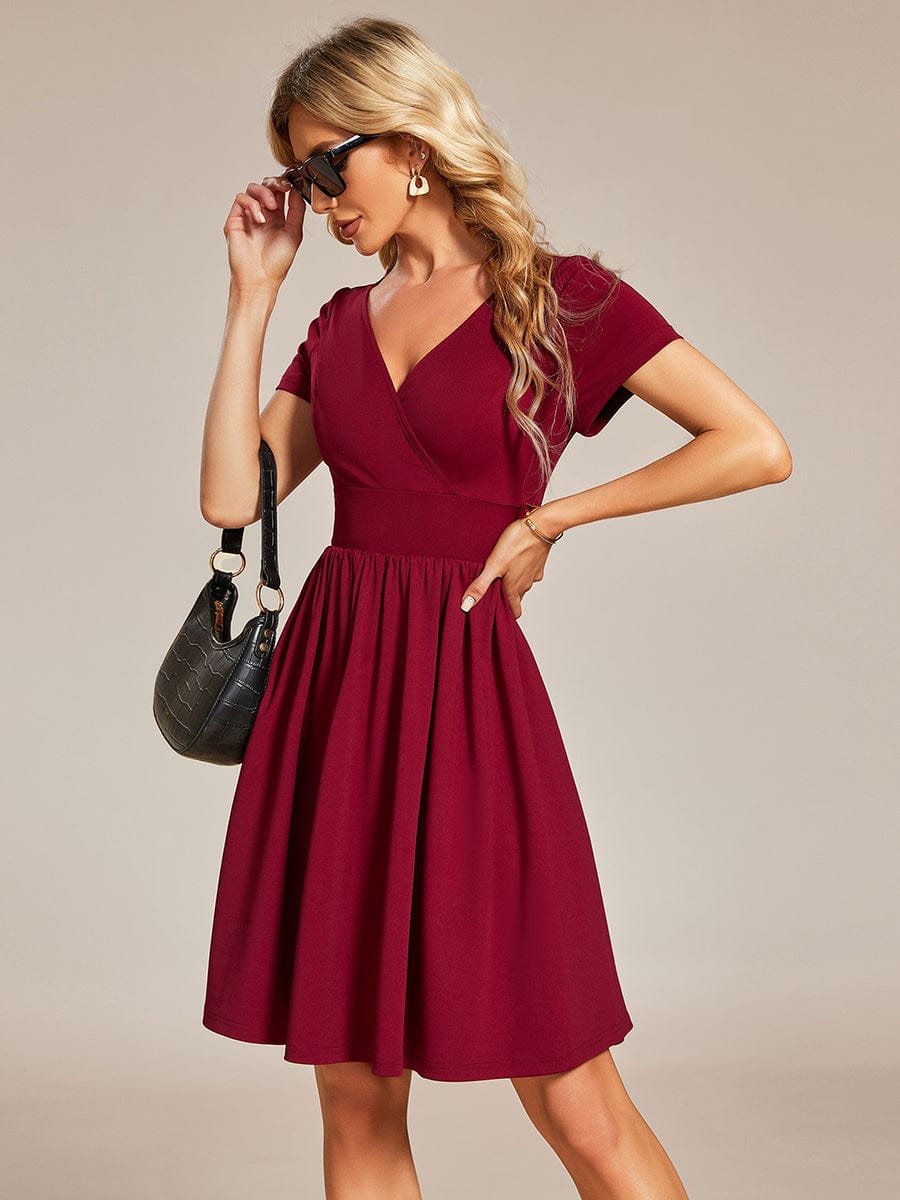 V-Neck Short Sleeves A-Line Mini Summer 2023 Casual Dresses #color_Burgundy
