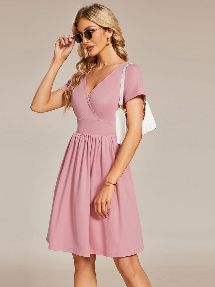 V-Neck Short Sleeves A-Line Mini Summer 2023 Casual Dresses #color_Dusty Rose
