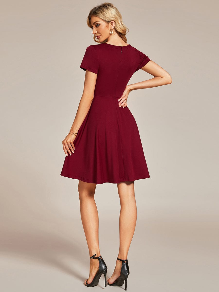 Rrhinestone Neckline Short Sleeves A-Line Mini Summer 2023 Casual Dresses #color_Burgundy