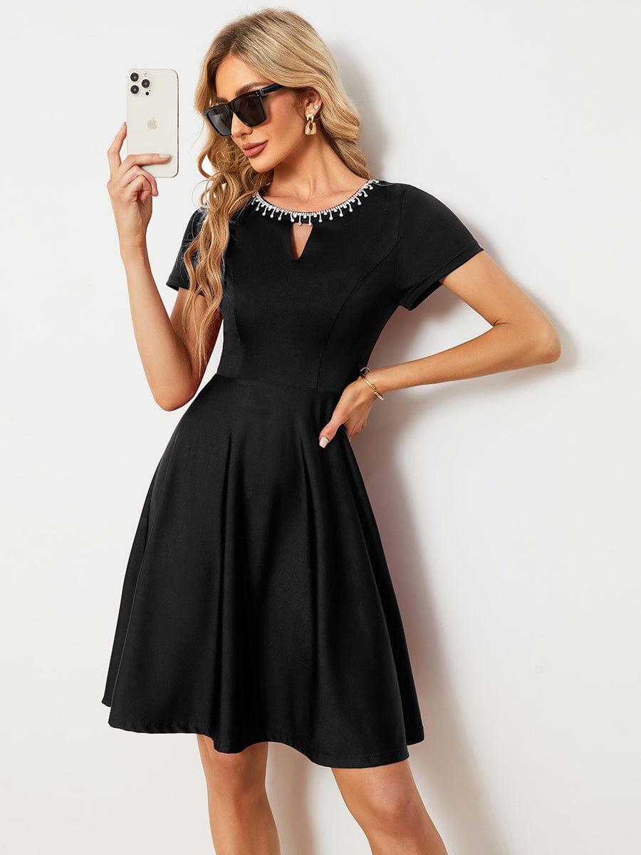 Rrhinestone Neckline Short Sleeves A-Line Mini Summer 2023 Casual Dresses #color_Black