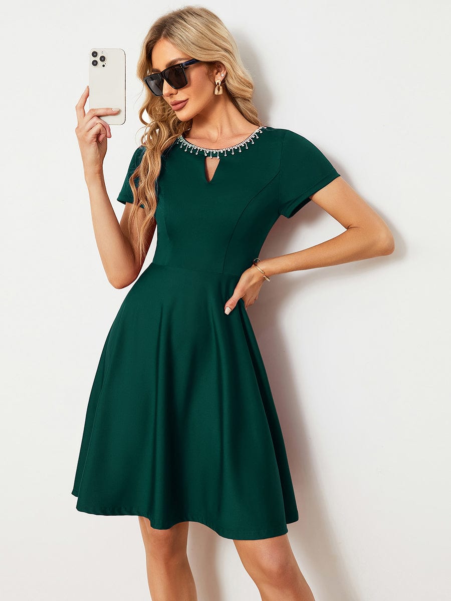 Rrhinestone Neckline Short Sleeves A-Line Mini Summer 2023 Casual Dresses #color_Dark Green
