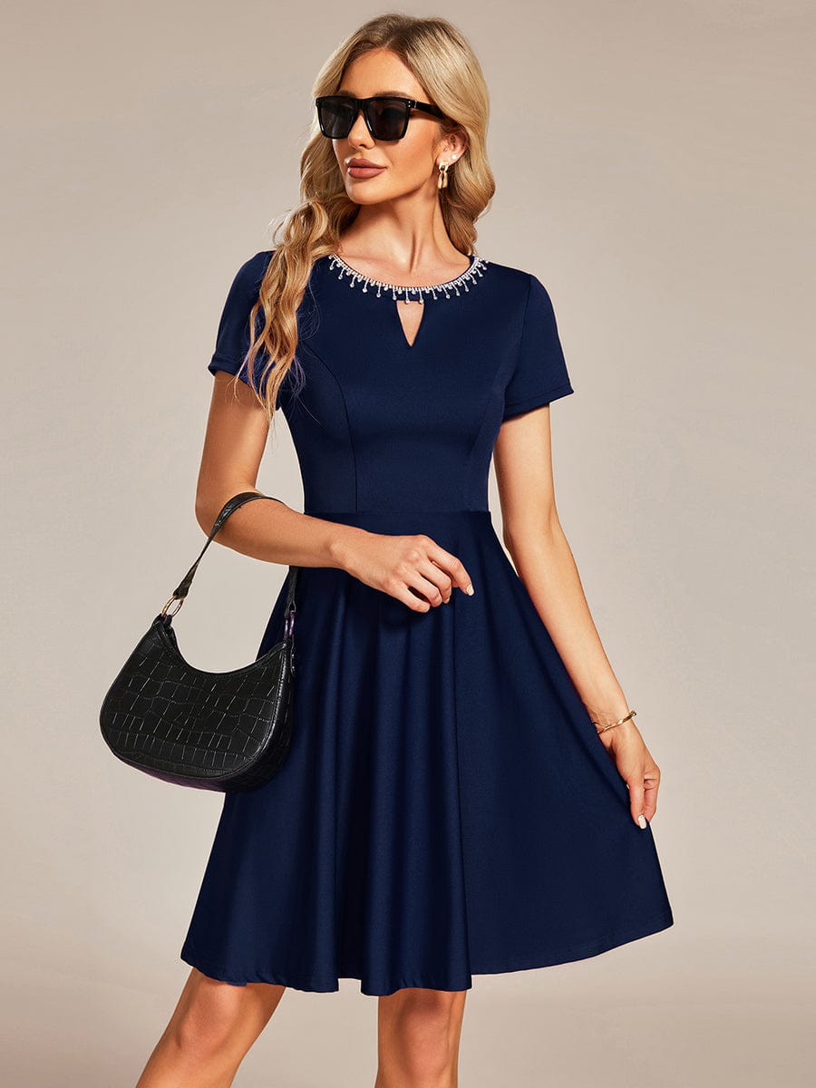 Rrhinestone Neckline Short Sleeves A-Line Mini Summer 2023 Casual Dresses #color_Navy Blue